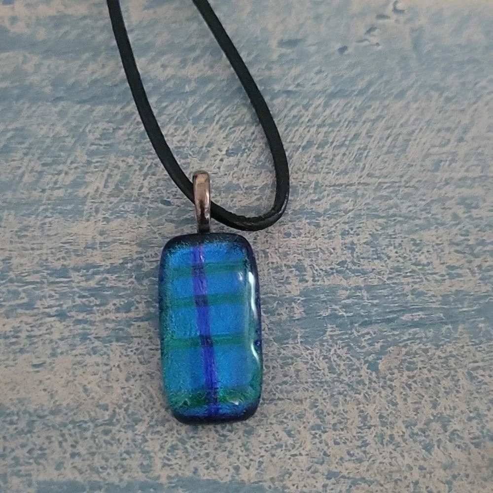 Vibrant Blue and Black glass Pendant Necklace silver tohe loop leather chain